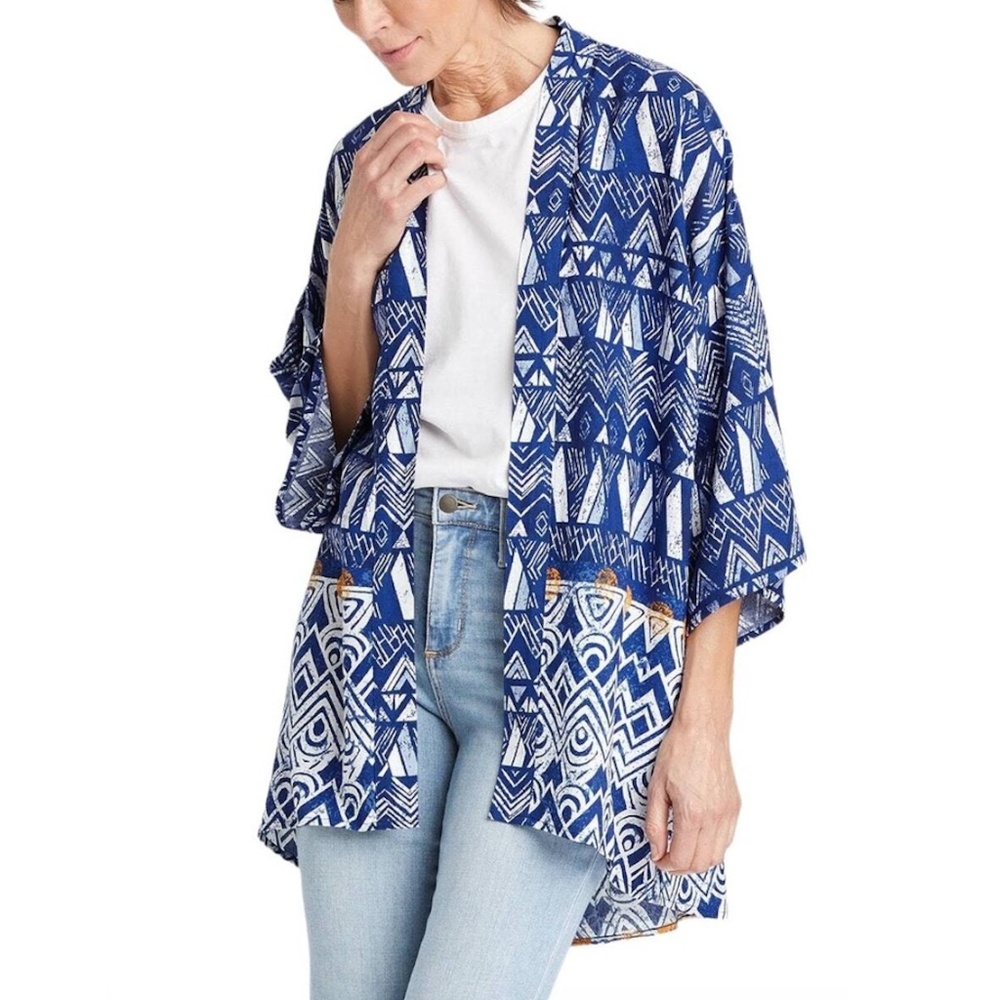 Knox Rose -  Surfs Up Blue Tribal Print Open Relaxed Fit Kimono Duster - XL XXL
